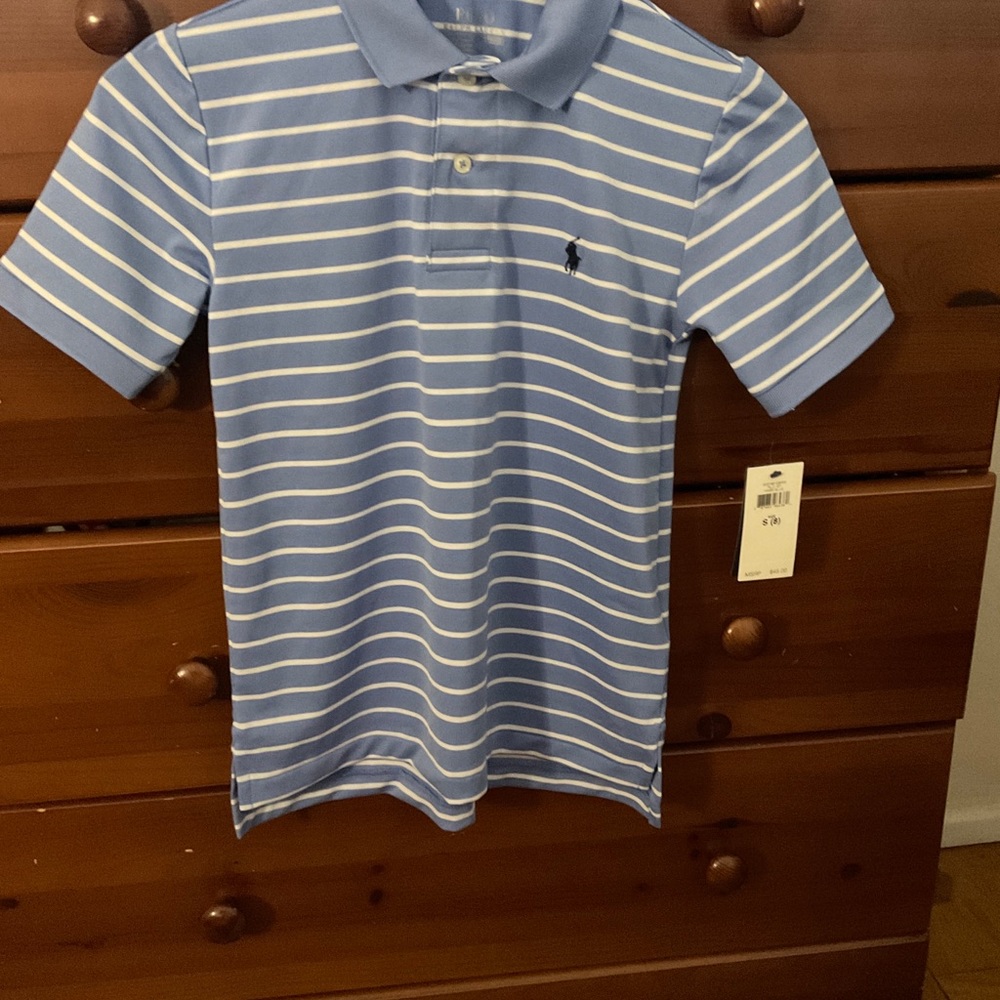 Brand New boys short sleeves Ralph Lauren light blue/white stripes polo top.
